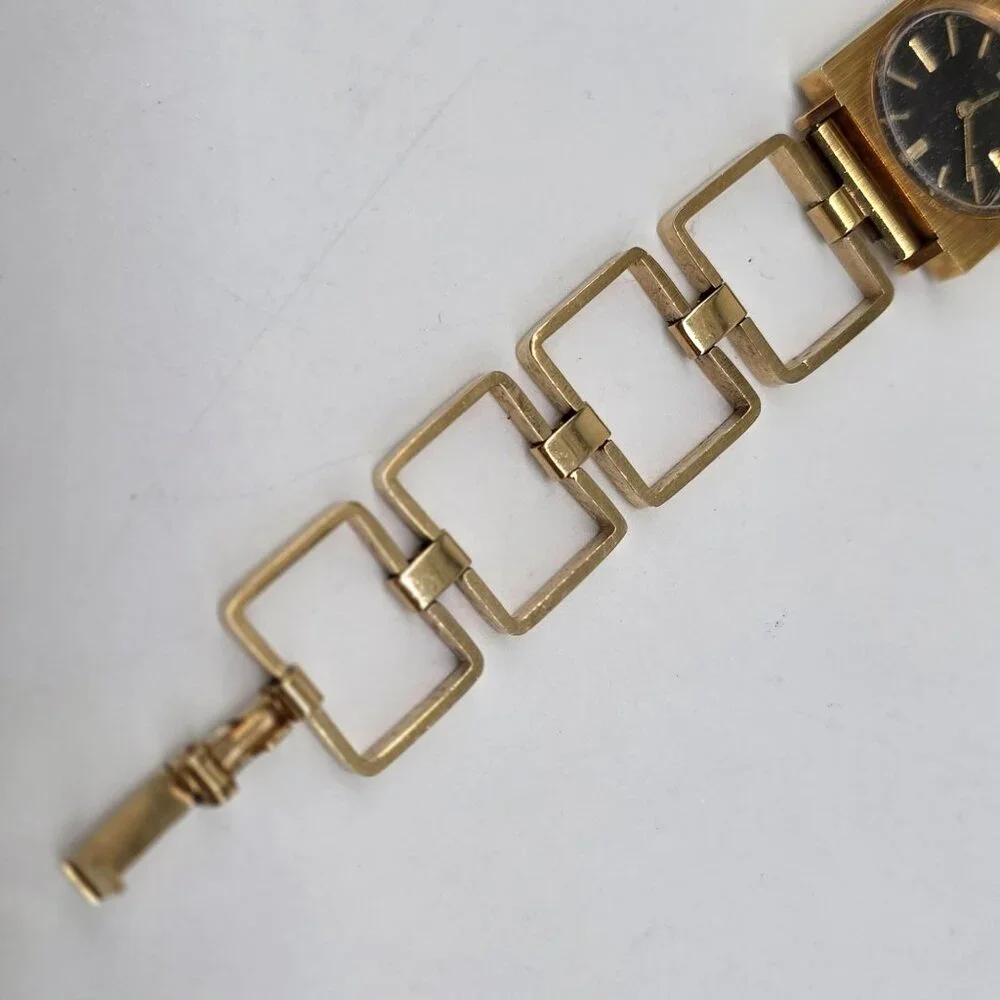 1960s Timex Gold-Tone Square Link Womens Watch Quartz Black Dial Wind Up - Picture 5 of 13